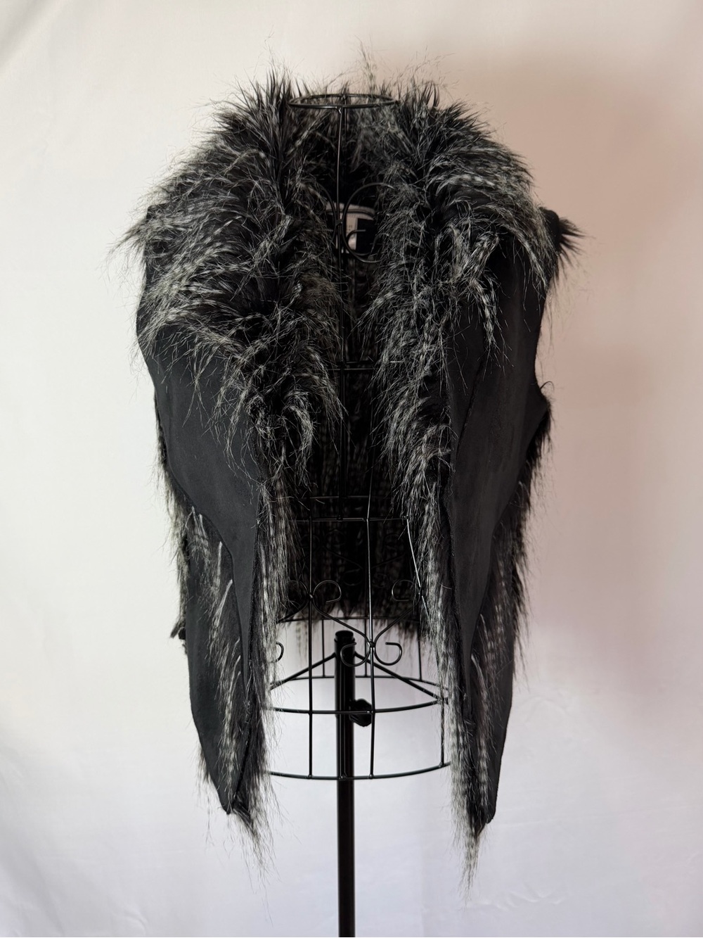 Boston Proper Black Vest with Gray-Tipped Faux Fur Trim